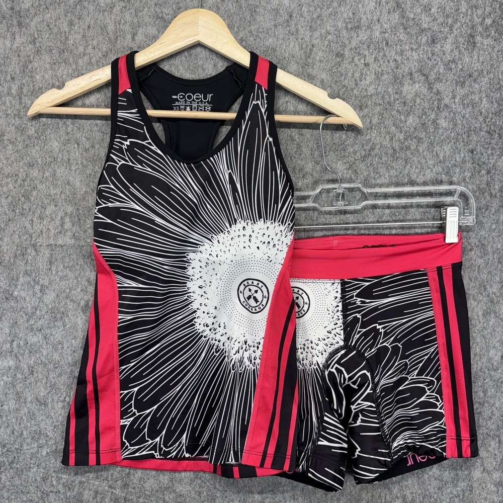 COEUR Triathlon Tank Top and Shorts Women's XS Pink Black Padded Cycling Floral